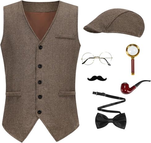 Adults Detective Costume Accessories Set 7 Pcs, Private Investigator Halloween Outfit 1920s Vest Hat for Men Women in Saudi Arabia