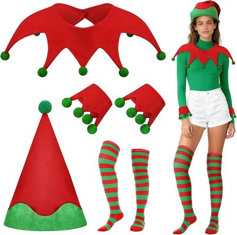 4 قطع من إكسسوارات زي قزم عيد الميلاد وقبعة وجوارب وياقة أزياء تنكرية للإناث والرجال والكبار وإكسسوارات حفلات الهالوين وحفلات الكريسماس وديكور حفلات عيد الميلاد باللون الأحمر والأخضر in Kuwait