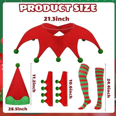 4 قطع من إكسسوارات زي قزم عيد الميلاد وقبعة وجوارب وياقة أزياء تنكرية للإناث والرجال والكبار وإكسسوارات حفلات الهالوين وحفلات الكريسماس وديكور حفلات عيد الميلاد باللون الأحمر والأخضر in Kuwait