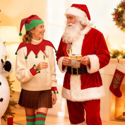 4 قطع من إكسسوارات زي قزم عيد الميلاد وقبعة وجوارب وياقة أزياء تنكرية للإناث والرجال والكبار وإكسسوارات حفلات الهالوين وحفلات الكريسماس وديكور حفلات عيد الميلاد باللون الأحمر والأخضر in Kuwait