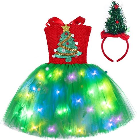 Cute Girl Mesh Tulle Dress with LED Light and Headband Set Party Outfit Kids Christmas Tree Cosplay Costume in Saudi Arabia