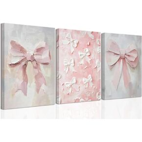 Pink Bow Canvas Wall Art Set of 3 Coquette Oil Painting Cute Bow Posters Wall Decor Trendy Preppy Print Picture for Back to School Bedroom Bathroom College Dorm 12x16 In Framed in Saudi Arabia