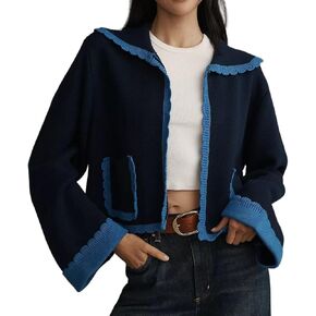 VAOYIU Contrast Trim Scalloped Knit Jacket Womens Cropped Collared Coat with Retro Charm Versatile Styling All Match in Saudi Arabia
