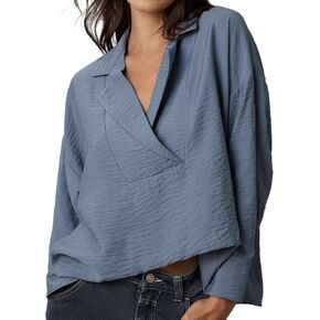Women Long Sleeve Wide Placket Top Casual V Neck Swing Boxy Fit Blouse Popover Shirt Tunic in Kuwait