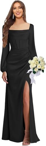 حورية البحر الساتان فساتين وصيفة الشرف بأكمام طويلة ورقبة الطربوش فستان رسمي مكشكش مع أكمام مشد فساتين الحفلات المسائية in Kuwait