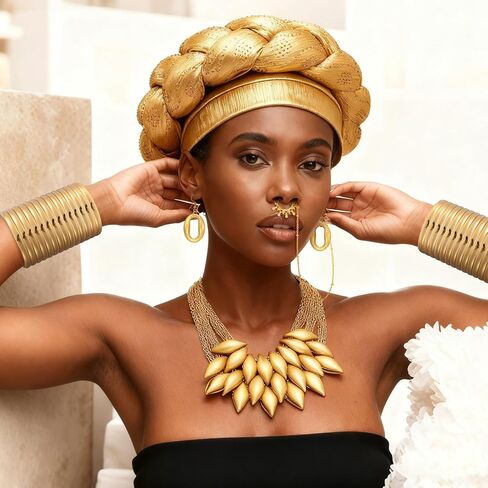 12 مجموعة من مجموعات المجوهرات الوطنية الأفريقية للمرأة، قلادات مريلة، حلق، عمامة مضفرة، سوار عريض، حلقات أنف، خواتم ذهبية مكتنزة للحفلات التنكرية والحفلات الراقصة in Saudi Arabia