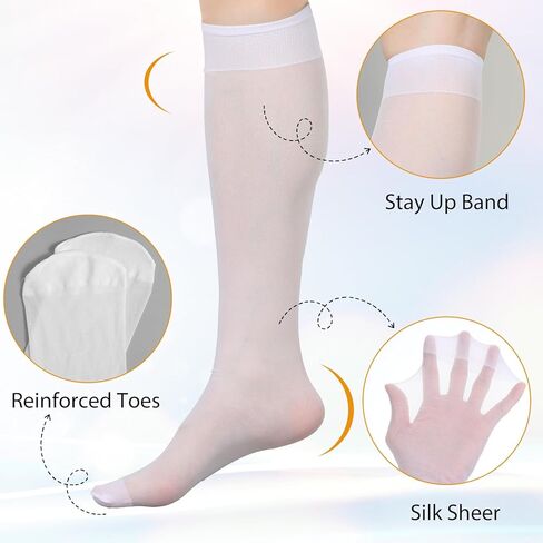 6 Pairs White Knee High Stockings, Tight Sheer White Knee High Socks Nylons with Reinforced Toes, Elastic Sheer Socks for Women in Saudi Arabia