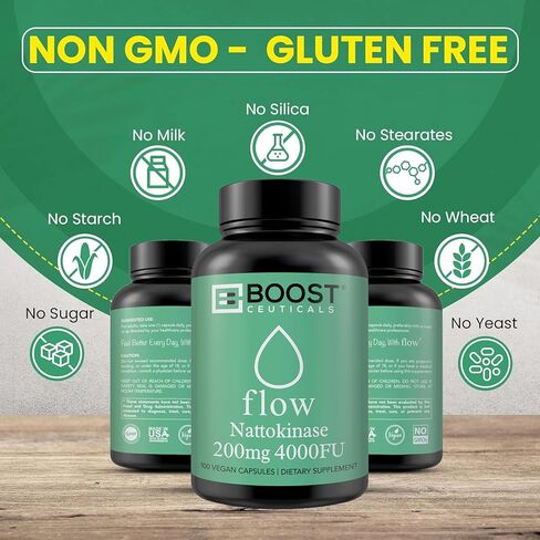 Nattokinase 4000 Fu 200mg - Vegan No Stearates Gluten Free - Pure Natural Blood Thinner & Blood Flow Supplement - 100 Capsules / 100 Days Supply in Kuwait