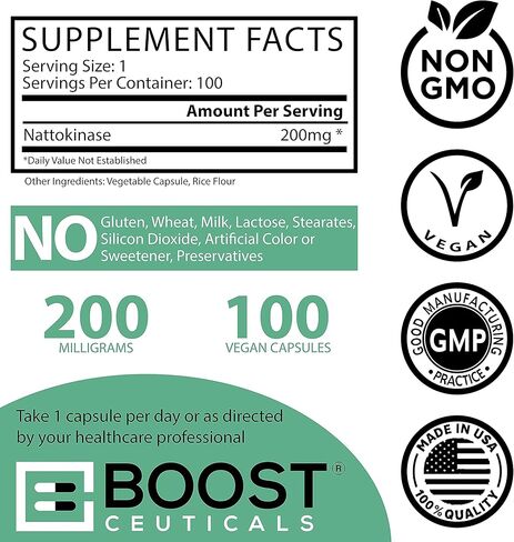 Nattokinase 4000 Fu 200mg - Vegan No Stearates Gluten Free - Pure Natural Blood Thinner & Blood Flow Supplement - 100 Capsules / 100 Days Supply in Kuwait