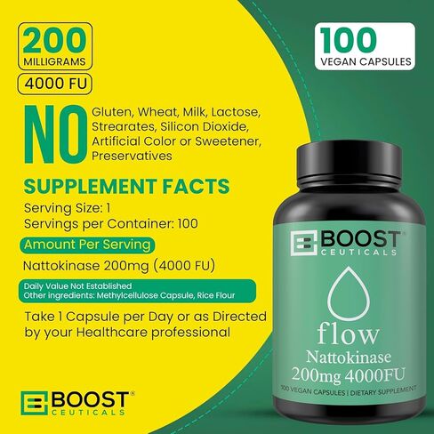 Nattokinase 4000 Fu 200mg - Vegan No Stearates Gluten Free - Pure Natural Blood Thinner & Blood Flow Supplement - 100 Capsules / 100 Days Supply in Kuwait