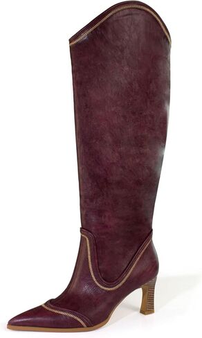 iadore Women Low Chunky Heel Knee High Boots Western Cowboy Boots Pointed Toe Embroidered Cowgirl Comfort Tall Boots Size 5-12 US in Saudi Arabia