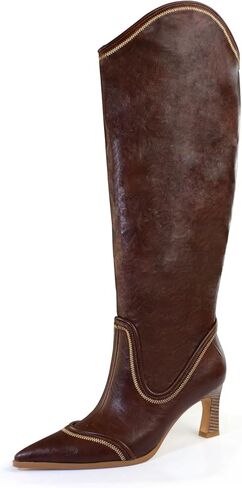 iadore Women Low Chunky Heel Knee High Boots Western Cowboy Boots Pointed Toe Embroidered Cowgirl Comfort Tall Boots Size 5-12 US in Saudi Arabia