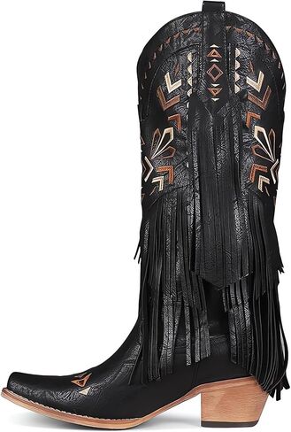 onlymaker Women's Fringe Cowgirl Boots – Chunky Heel Cowboy Knee High Boots with Embroidered Snip Toe in Saudi Arabia