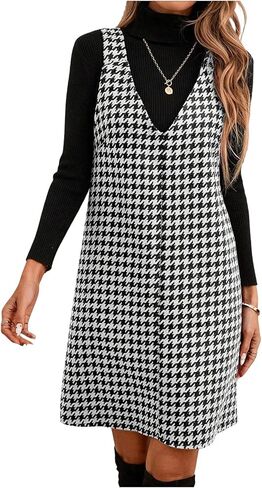 SweatyRocks Women's Houndstooth Pinafore Overall Dress Casual Sleeveless V Neck Fall Short Dress in Saudi Arabia