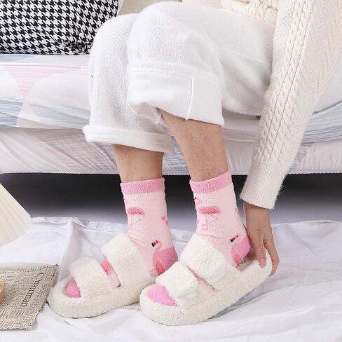 5 Pairs Fuzzy Socks for Women Warm Fluffy Winter Thick Cozy Crew Gift Socks(Flamingo) in Saudi Arabia