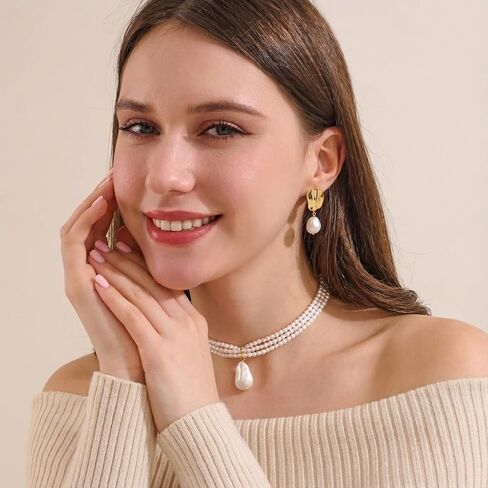 Pearl Necklaces for Women, Layered Pearl Choker with Large Irregular Faux Pearl Pendant, Elegant White Fake Pearl Necklace for Daily Wear in Kuwait