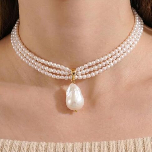Pearl Necklaces for Women, Layered Pearl Choker with Large Irregular Faux Pearl Pendant, Elegant White Fake Pearl Necklace for Daily Wear in Kuwait