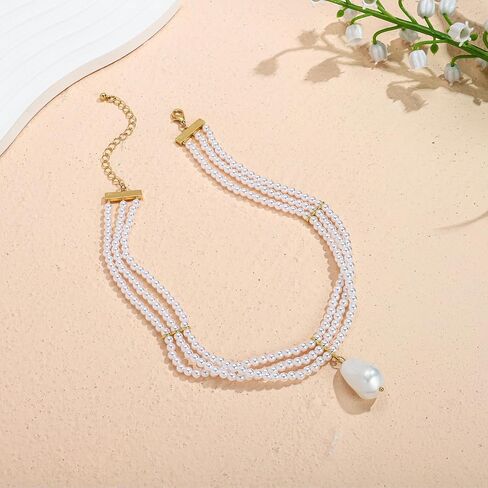 Pearl Necklaces for Women, Layered Pearl Choker with Large Irregular Faux Pearl Pendant, Elegant White Fake Pearl Necklace for Daily Wear in Kuwait