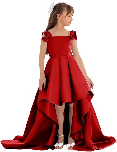 Satin Flower Girl Dress with Bow High Low A-Line Ball Gowns Tiered Formal Wedding Party Long Dresses in Saudi Arabia