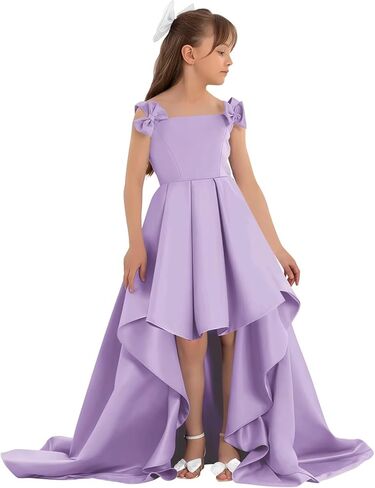 Satin Flower Girl Dress with Bow High Low A-Line Ball Gowns Tiered Formal Wedding Party Long Dresses in Saudi Arabia