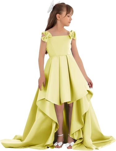 Satin Flower Girl Dress with Bow High Low A-Line Ball Gowns Tiered Formal Wedding Party Long Dresses in Saudi Arabia