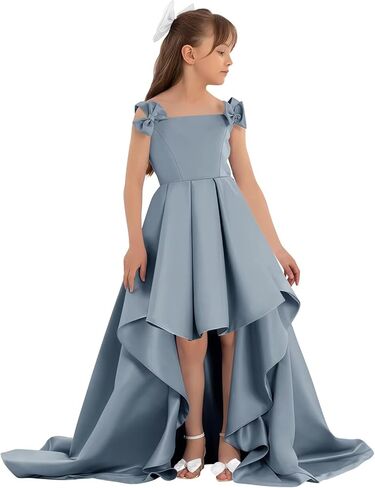 Satin Flower Girl Dress with Bow High Low A-Line Ball Gowns Tiered Formal Wedding Party Long Dresses in Saudi Arabia