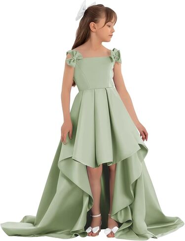 Satin Flower Girl Dress with Bow High Low A-Line Ball Gowns Tiered Formal Wedding Party Long Dresses in Saudi Arabia