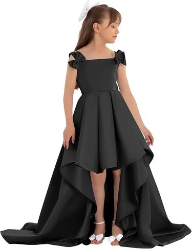 Satin Flower Girl Dress with Bow High Low A-Line Ball Gowns Tiered Formal Wedding Party Long Dresses in Saudi Arabia