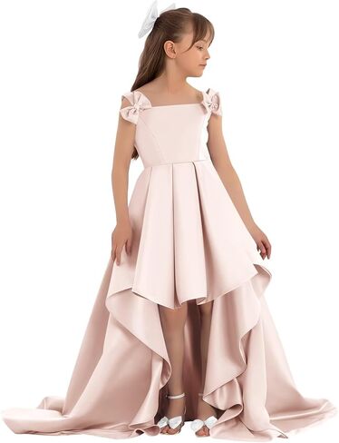 Satin Flower Girl Dress with Bow High Low A-Line Ball Gowns Tiered Formal Wedding Party Long Dresses in Saudi Arabia
