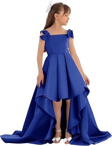Satin Flower Girl Dress with Bow High Low A-Line Ball Gowns Tiered Formal Wedding Party Long Dresses in Saudi Arabia