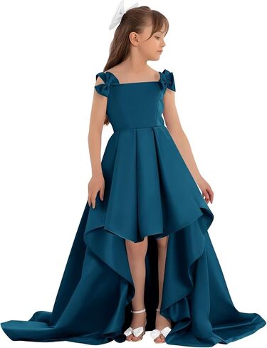 Satin Flower Girl Dress with Bow High Low A-Line Ball Gowns Tiered Formal Wedding Party Long Dresses in Saudi Arabia