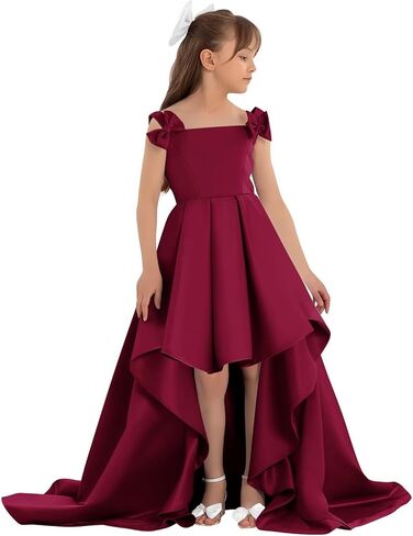 Satin Flower Girl Dress with Bow High Low A-Line Ball Gowns Tiered Formal Wedding Party Long Dresses in Saudi Arabia