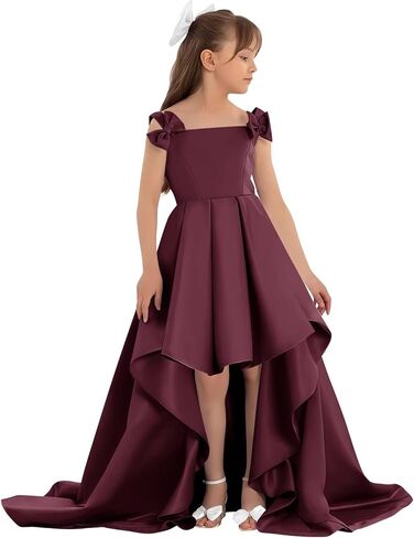 Satin Flower Girl Dress with Bow High Low A-Line Ball Gowns Tiered Formal Wedding Party Long Dresses in Saudi Arabia