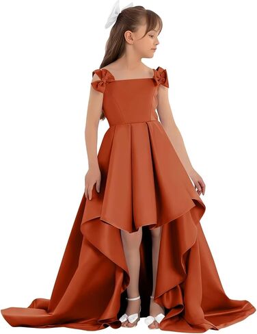 Satin Flower Girl Dress with Bow High Low A-Line Ball Gowns Tiered Formal Wedding Party Long Dresses in Saudi Arabia