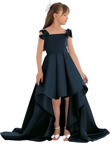 Satin Flower Girl Dress with Bow High Low A-Line Ball Gowns Tiered Formal Wedding Party Long Dresses in Saudi Arabia
