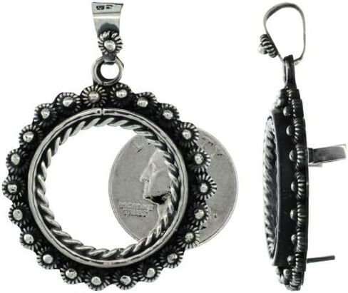 Sterling Silver 24 mm Quarter Dollar (25 Cents) Coin Frame Bezel Pendant w/Floral Edge Design in Saudi Arabia