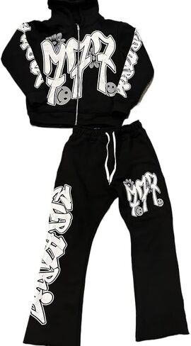 بدلة رياضية Urban Streetwear مكونة من قطعتين، صوف من مزيج القطن الأسود، تصميم طباعة جرافيتي، طقم هودي وبنطلون رياضي بسحاب، للجنسين in Saudi Arabia