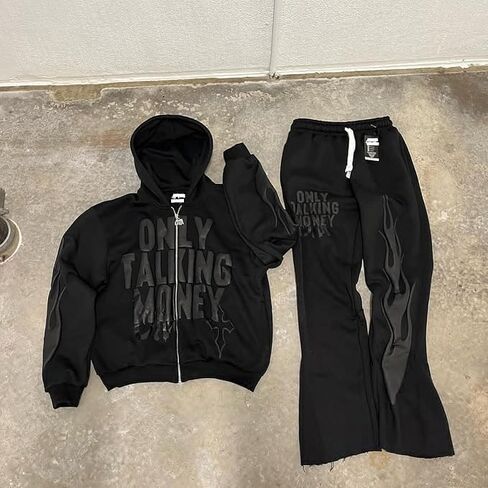 بدلة رياضية Urban Streetwear مكونة من قطعتين، صوف من مزيج القطن الأسود، تصميم طباعة جرافيتي، طقم هودي وبنطلون رياضي بسحاب، للجنسين in Saudi Arabia