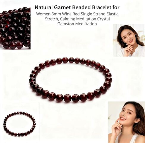 Natural garnet bead bracelet for women - 6mm wine red elastic bracelet, soothing meditation crystal gemstone bracelet - garnet jewelry in Saudi Arabia