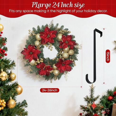 24 Inch Christmas Wreath for Front Door Artificial Christmas Wreath, with Pine Needles, Red & Gold Berries Decorations Accents, for Decor Indoor/Outdoor Christmas Decoration in Saudi Arabia