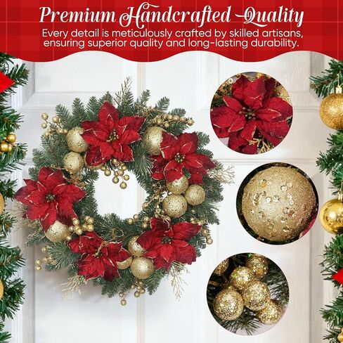 24 Inch Christmas Wreath for Front Door Artificial Christmas Wreath, with Pine Needles, Red & Gold Berries Decorations Accents, for Decor Indoor/Outdoor Christmas Decoration in Saudi Arabia