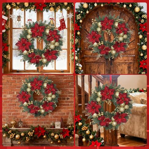 24 Inch Christmas Wreath for Front Door Artificial Christmas Wreath, with Pine Needles, Red & Gold Berries Decorations Accents, for Decor Indoor/Outdoor Christmas Decoration in Saudi Arabia