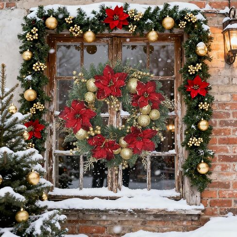 24 Inch Christmas Wreath for Front Door Artificial Christmas Wreath, with Pine Needles, Red & Gold Berries Decorations Accents, for Decor Indoor/Outdoor Christmas Decoration in Saudi Arabia