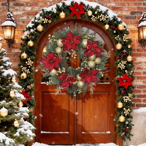 24 Inch Christmas Wreath for Front Door Artificial Christmas Wreath, with Pine Needles, Red & Gold Berries Decorations Accents, for Decor Indoor/Outdoor Christmas Decoration in Saudi Arabia