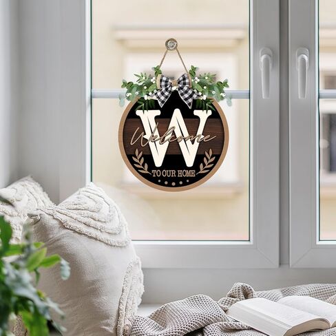 Monogram Letter H Front Door Sign, Welcome to Our Home Family Last Name Initial Wooden Hanger Decor Housewarming Wedding Gifts, Farmhouse Rustic Wreath Indoor Wall Hanging Decoration with Bow in Saudi Arabia