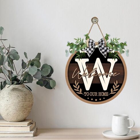Monogram Letter H Front Door Sign, Welcome to Our Home Family Last Name Initial Wooden Hanger Decor Housewarming Wedding Gifts, Farmhouse Rustic Wreath Indoor Wall Hanging Decoration with Bow in Saudi Arabia