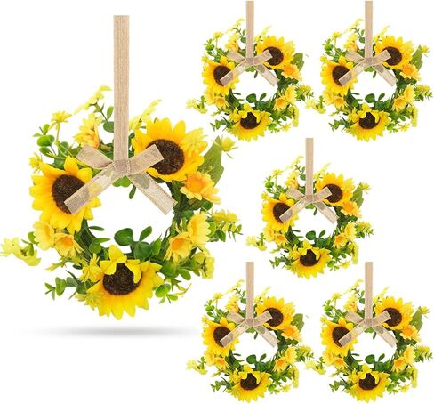 6 Pcs Small Sunflower Wreaths with Ribbon for Cabinet Front Door Mini Artificial Floral Hanging Wreath 3" Spring Summer Fake Yellow Daisies Wreaths Farmhouse Pillar Window Home Wall Party Décor in Saudi Arabia