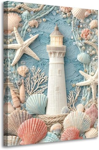 llribbons Bathroom Decor Lighthouse Canvas Wall Art Sea Shells Starfish 3D effect Prints Dreamy Coastal Seascape Painting Blue Ocean for Bedroom Living Room Beach House Home Decor Framed 12" x 18" in Saudi Arabia