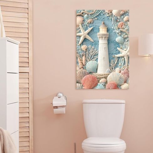 llribbons Bathroom Decor Lighthouse Canvas Wall Art Sea Shells Starfish 3D effect Prints Dreamy Coastal Seascape Painting Blue Ocean for Bedroom Living Room Beach House Home Decor Framed 12" x 18" in Saudi Arabia