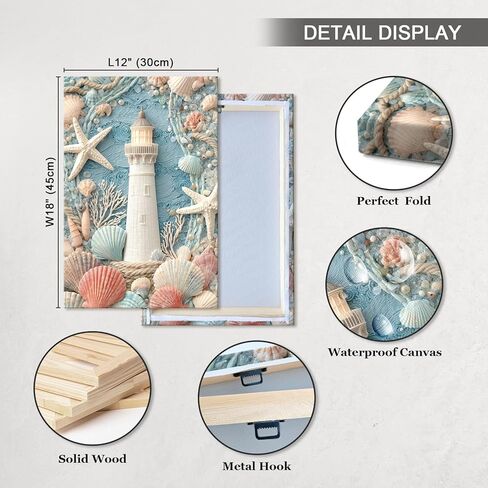 llribbons Bathroom Decor Lighthouse Canvas Wall Art Sea Shells Starfish 3D effect Prints Dreamy Coastal Seascape Painting Blue Ocean for Bedroom Living Room Beach House Home Decor Framed 12" x 18" in Saudi Arabia